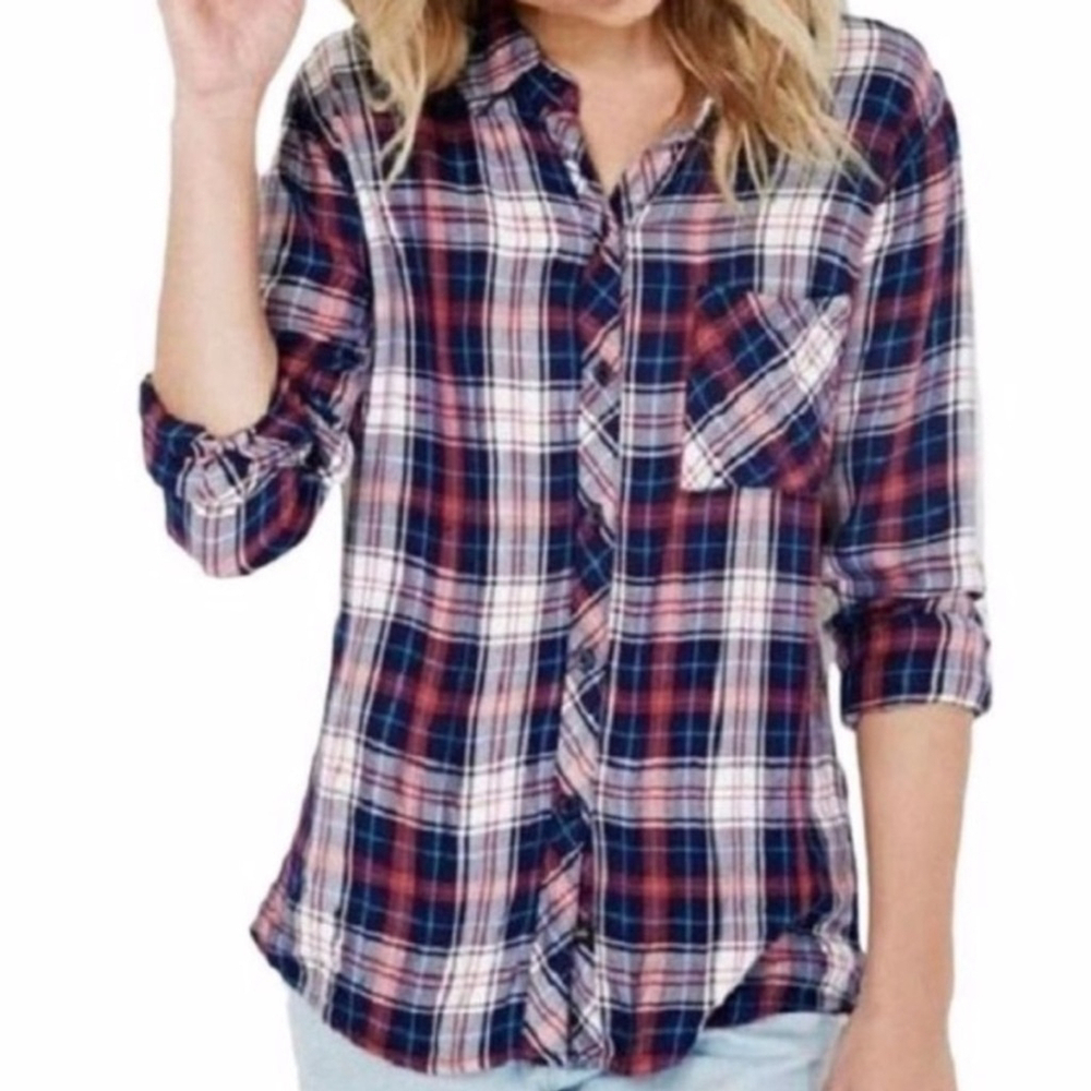 Rails Medium Button Down Classic Plaid Shirt Pink And Blue Pocket Shirt Msrp 138